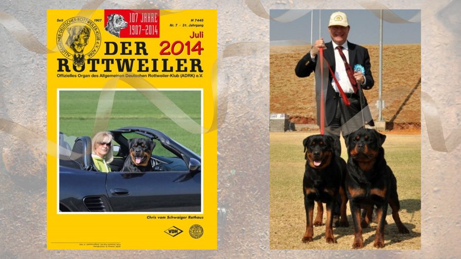 Left: Chris vom Schwaiger Rathaus on the cover of the ADRK’s magazine 2014. Right: the head of the VDH with Evi and Yaris vom Schwaiger Rathaus