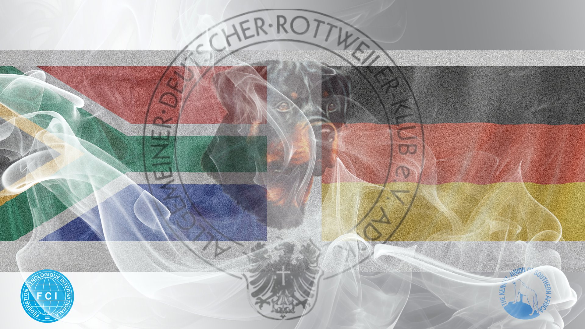 The flags of South Africa and Germany joined beneath the seal of the Allgemeiner Deutscher Rottweiler-Klub (ADRK)