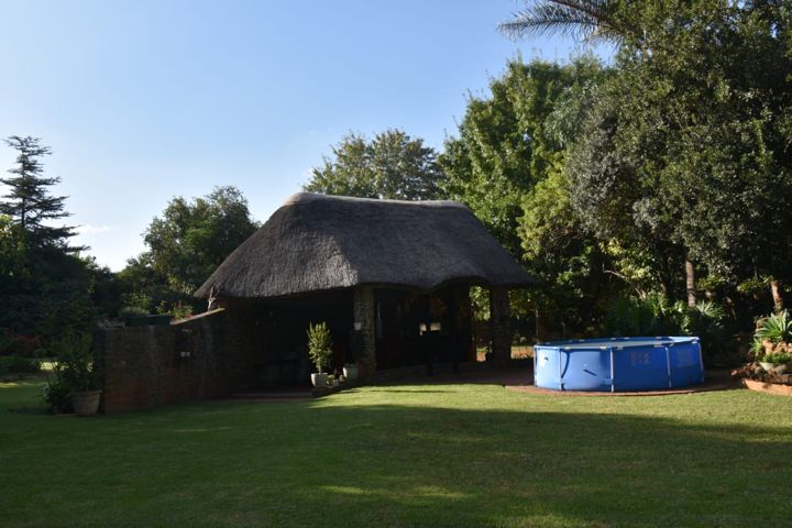 The thatched lapa and pool on the lawn at Craffenheim Rottweilers