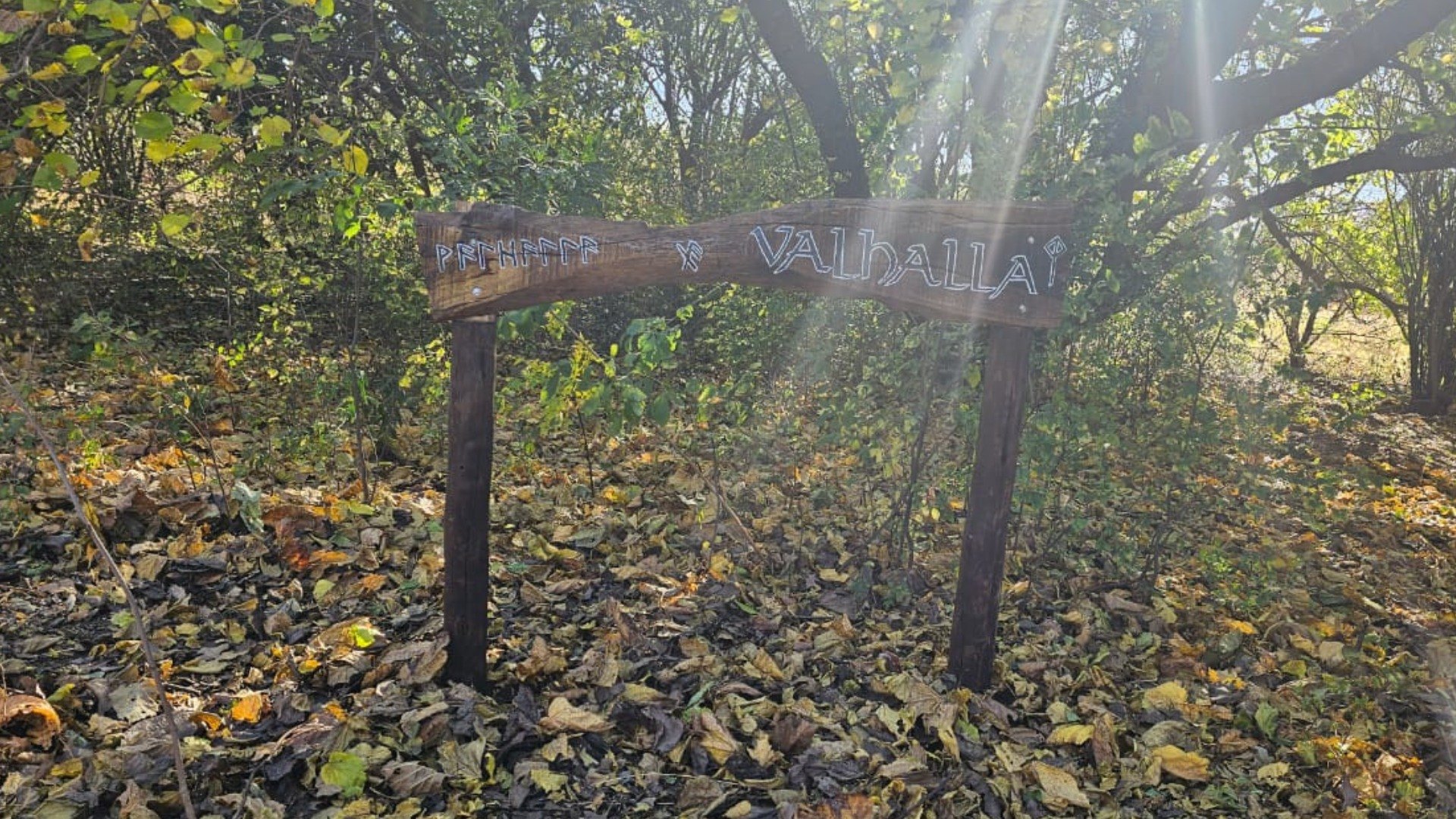 The Valhalla sign beneath the trees at Craffenheim Rottweilers, where our Rottweilers are laid to rest